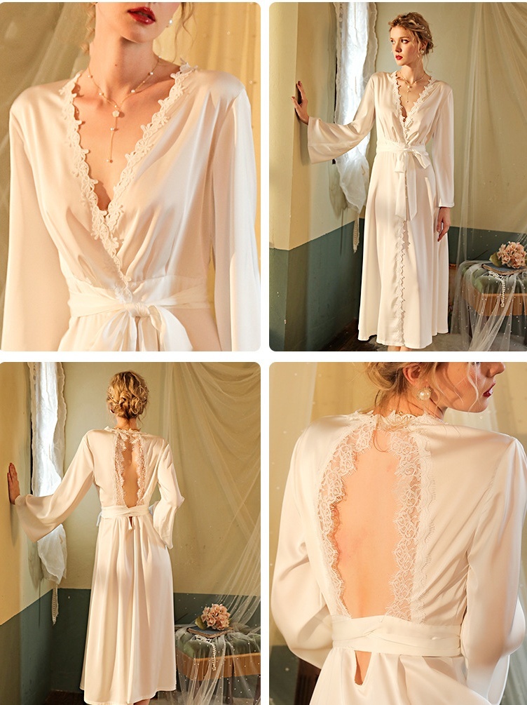 Women Pajamas Long Robe Set Lace Homewear Faux Silk Sleepwear Bathrobe